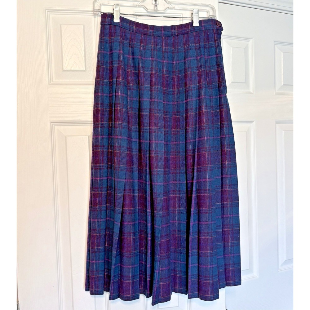 Pendleton Vintage Wool Plaid Tartan Midi Skirt Womens 8 Purple Virgin Wool USA
